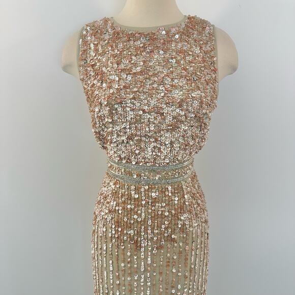 Mac Duggal Sequin Sleeveless Sheath Midi Cocktail Dress in Beige Rose Gold 8 - Picture 3 of 14